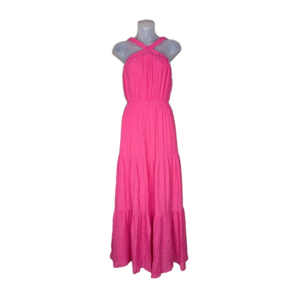 ALLIE & ROSE Hot Pink Textured Halter Neck Tiered Maxi Dress Women's Large